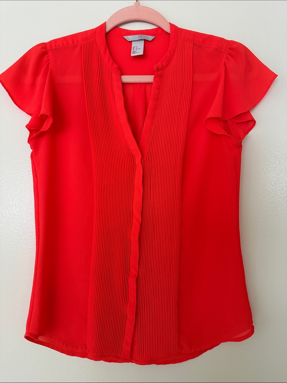 H&M Bright Red Orange Pleated Flutter Sleeve Top